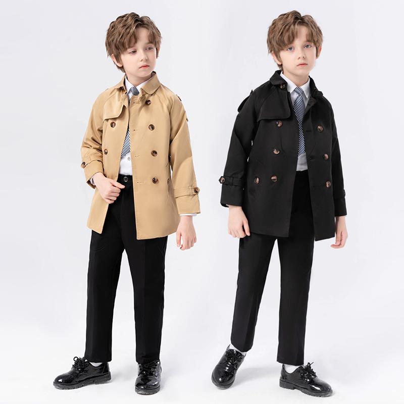 キッズ 男の子 ジャケット 韓国風 子供 セットアップ 秋物 コート 中小 子供服 カジュアル・スタイル: 英伦・適用性別: 男・セット内容: 服装・袖丈: 長袖・パンツ丈: 長ズボン・生地加工: 柔らか обработка, 酵素洗い・厚さ: 普通・柄: 無地・素材: ポリエステル90%・安全レベル: B類・留め具: ダブルブレスト・対象: 子供・色: カーキ4点セット（ジャケット+パンツ+シャツ+ネクタイ）, ブラック4点セット（ジャケット+パンツ+シャツ+ネクタイ）, カーキ3点セット（ジャケット+パンツ+ネクタイ）, ブラック3点セット（ジャケット+パンツ+ネクタイ）, カーキ2点セット（ジャケット+シャツ）, ブラック2点セット（ジャケット+シャツ）, カーキ色ジャケット, ブラック色ジャケット, カーキ色ジャケット（中綿入り）, ブラック色ジャケット（中綿入り）・サイズ: 90cm, 100cm, 110cm, 120cm, 130cm, 140cm, 150cm・商品カテゴリ: 子供用セットアップ