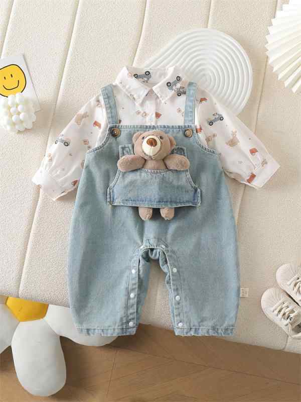 ベビー服 上下セット 春秋 長袖シャツ デニム サロペット かわいい カバーオール ツーピース