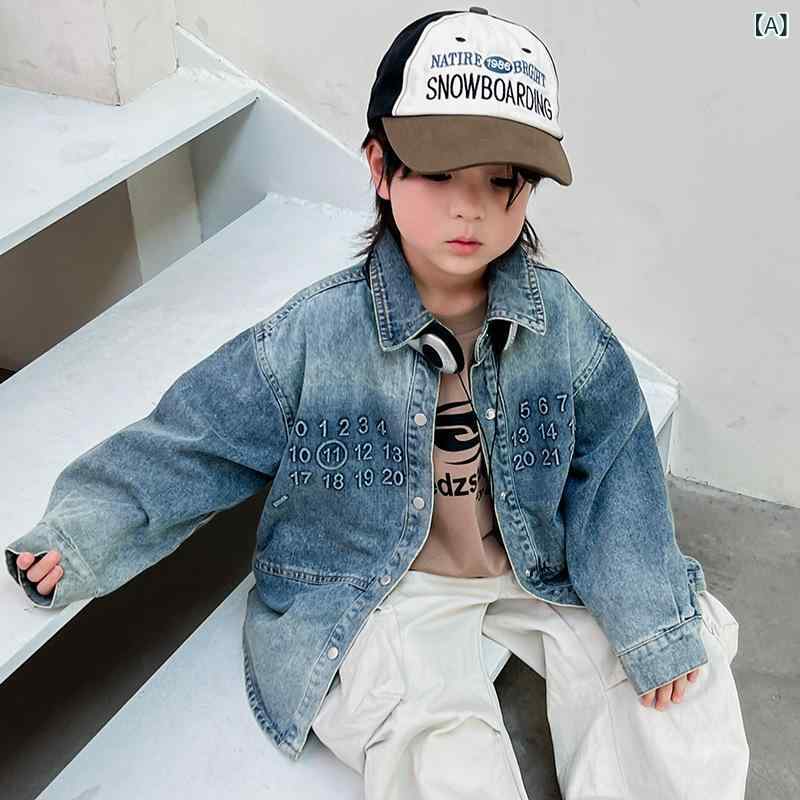キッズ 子供用 シャツ 春物 デニム ジャケット 韓国風 トップス 男の子 長袖 ウォッシュ加工 襟付き2 2
