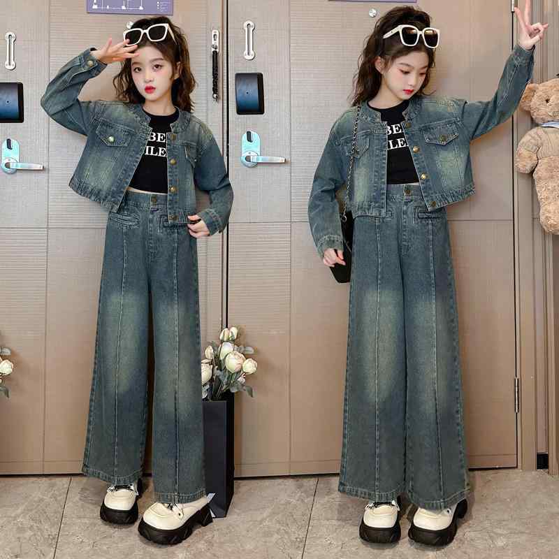 シャツ ガールズ 長袖 デニム セットアップ 子供服 トップス & ボトムス 2点セット かわいい おしゃれ カジュアル スタイル 秋冬