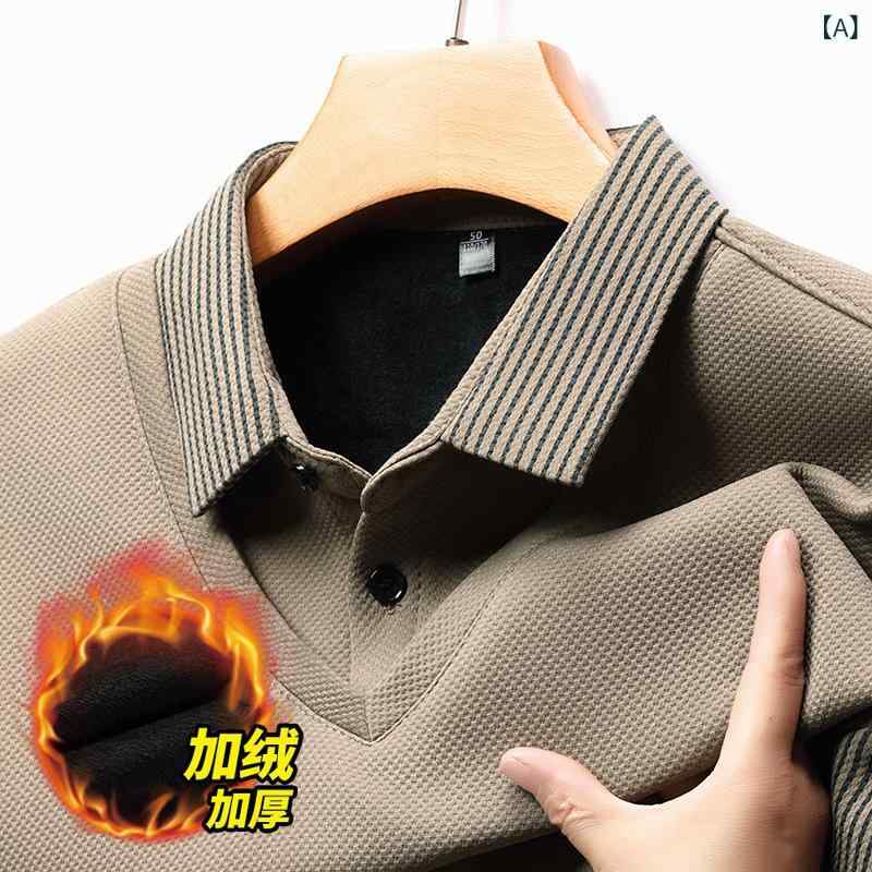 ポロシャツ メンズ 秋冬 男性用 ストライプ 長袖 あったか 裏起毛 トレーナー Tシャツ カットソー パイナップル柄 厚手