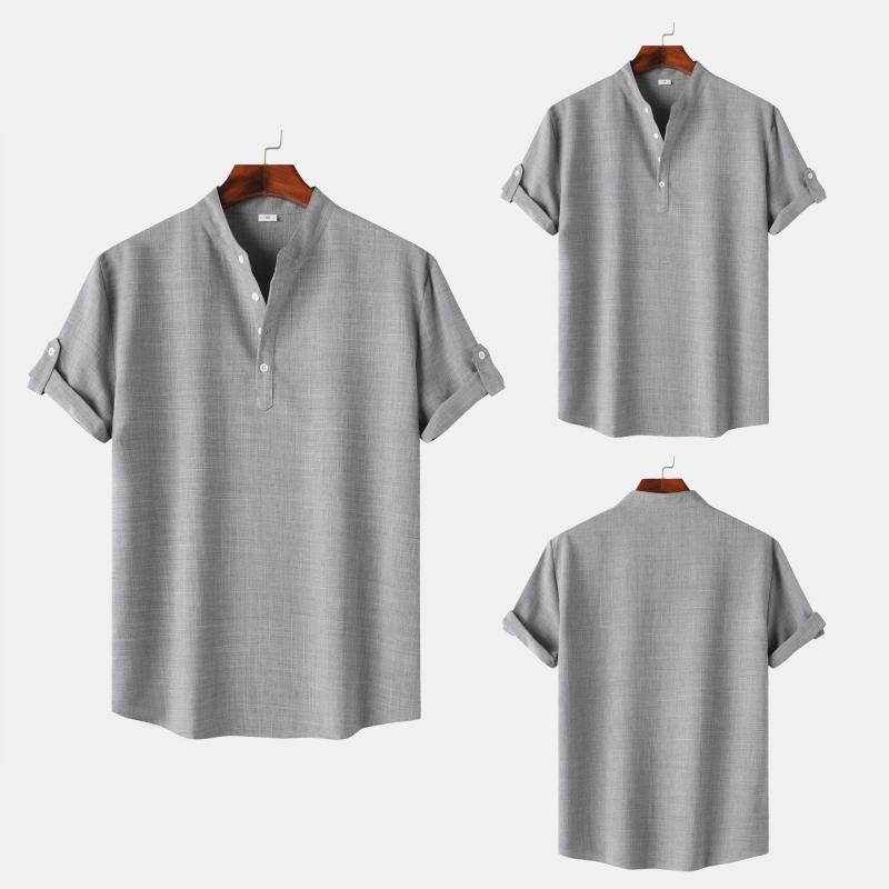 Short Sleeves （Shape Holding） - シャツ 男性用 半袖 無地 スタンドカラー ハーフボタン 留め ミニマル トップス