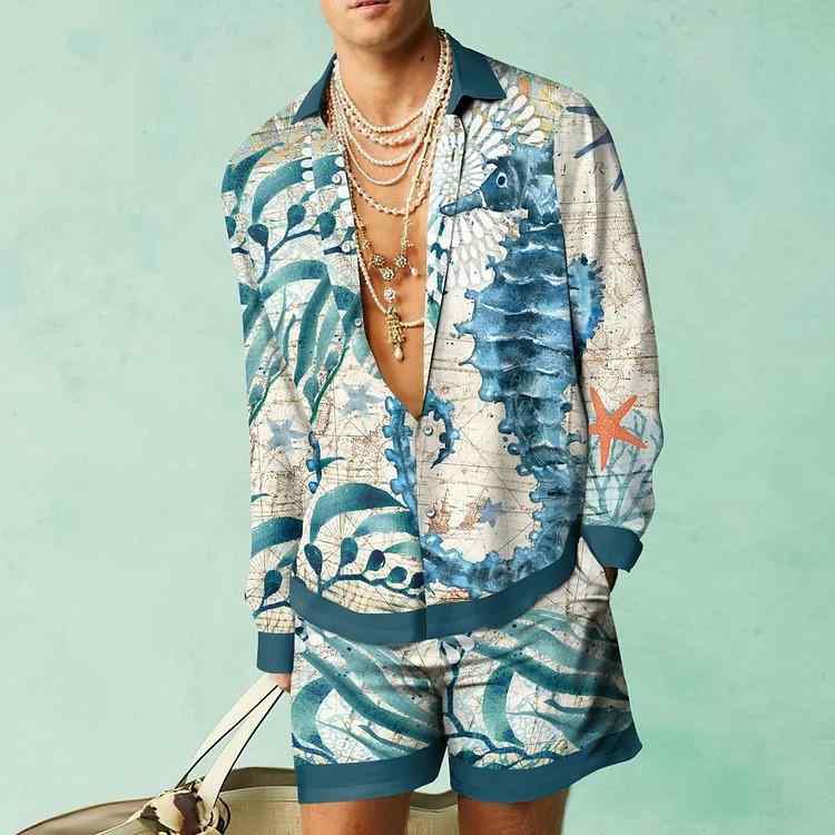 シャツ メンズ 男性用 長袖シャツ ショートパンツ 上下セット 4WAYストレッチ 伸縮性 リラックス ウェア ルームウェア 普段使い2