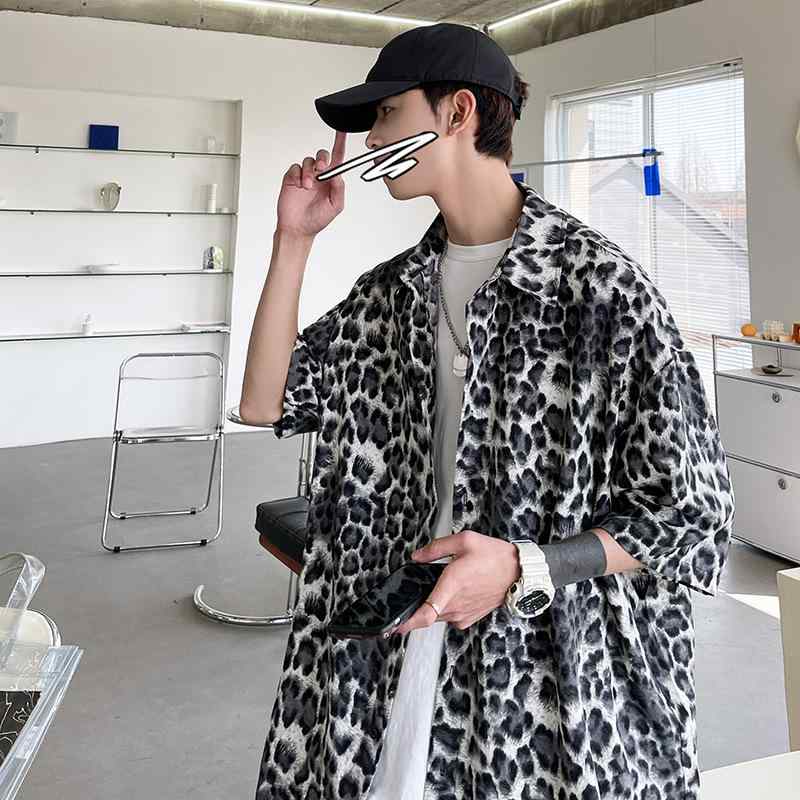 シャツ 男性用 ゆったり オーバーサイズ 半袖 ヒョウ柄 レギュラーカラー トップス カップル нейтралите ユニセックス
