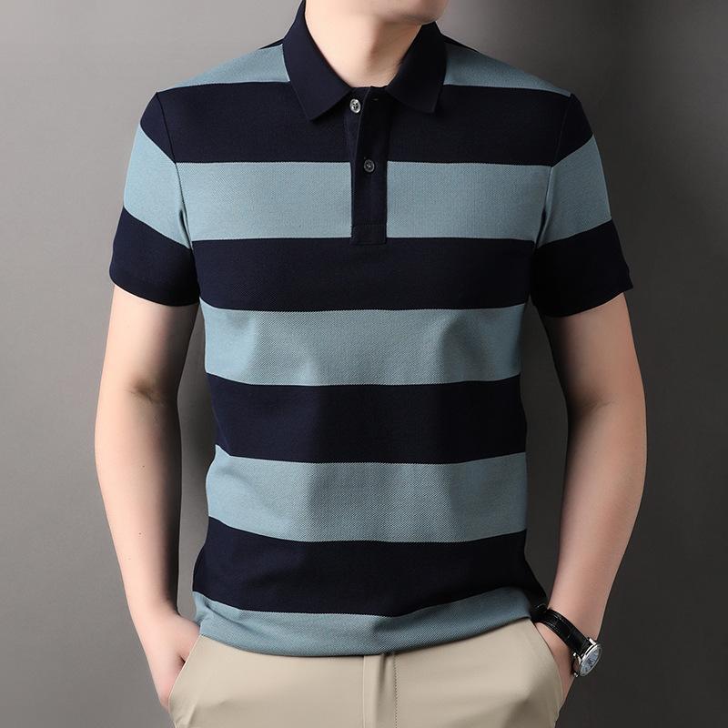 Tシャツ メンズ 男性用 トップス ファッション ストライプ柄 半袖 ポロシャツ 綿100% 接触冷感 涼しい 快適 おしゃれ カジュアル 中青年 普段使い