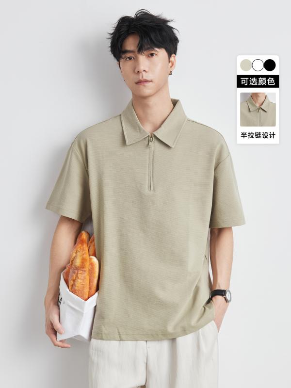 Tシャツ 男性用 レトロ ハーフジップ 半袖 ポロシャツ トップス カットソー 重ね着風 切り替え 襟付き 春夏