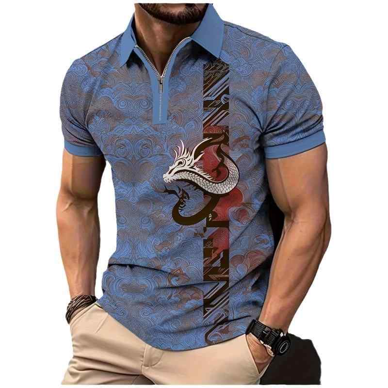 ポロシャツ 男性用 ドラゴン柄 3Dプリント グラデーション 半袖 ゴルフウェア カジュアル ビジネス トップス
