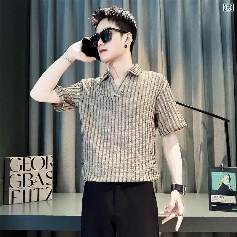 ポロシャツ メンズ 半袖 ストライプ Vネック トップス カットソー 痞帅 カジュアル 体恤 上着 豪華感 男性用