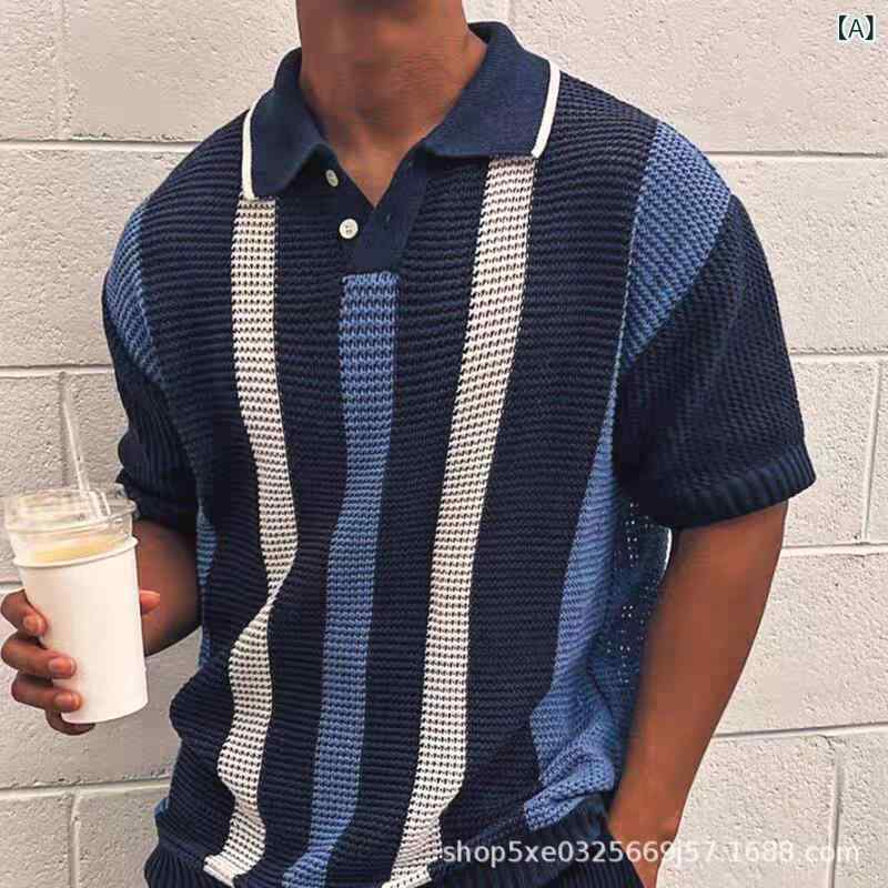 ポロシャツ 男性用 接触冷感 シルク混紡 透かし編み ストライプ柄 半袖 トレーナー トップス