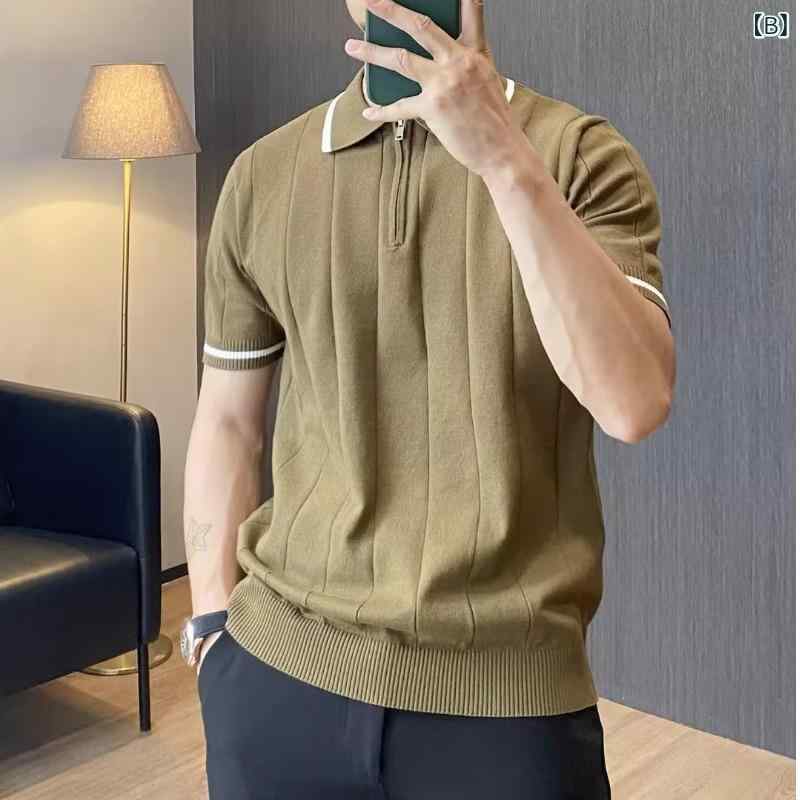 ポロシャツ メンズ 男性用 イタリアンカラー ビジネス カジュアル ストライプ柄 襟付き 薄手 通気性 ニット Tシャツ トップス