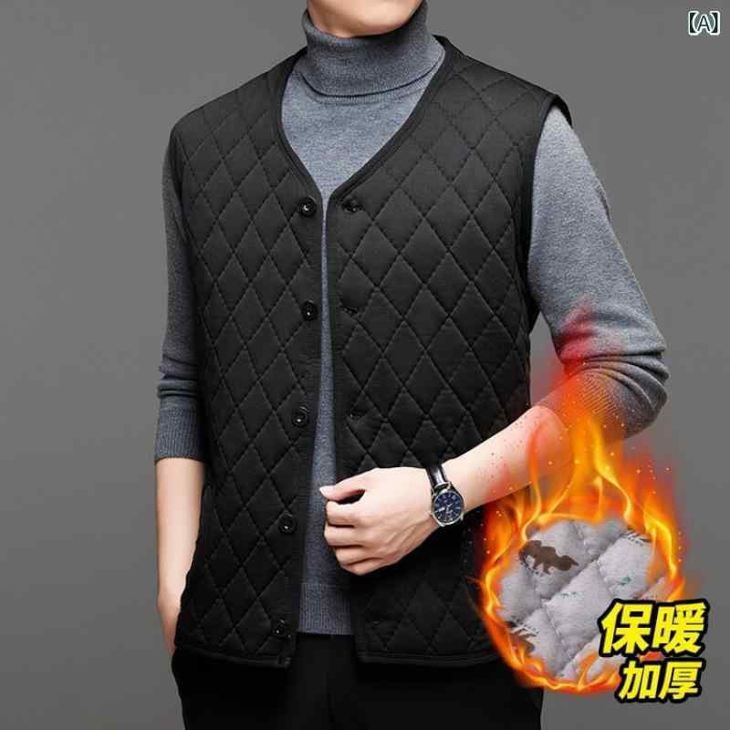 ベスト 男性用 秋冬 Vネック シングルブレスト 中高年 アウター チョッキ 保温 厚手 あったか 防寒