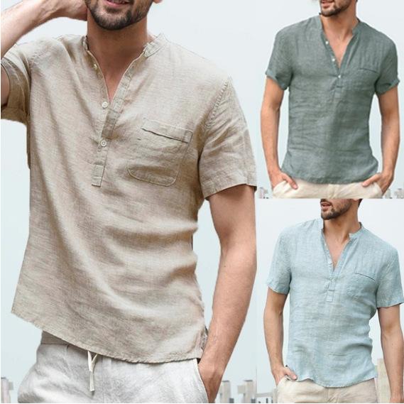 2シャツ メンズ 男性用 綿麻 半袖 Tシャツ 立襟 トップス 接触冷感 吸湿速乾 プルオーバー カットソー 春夏