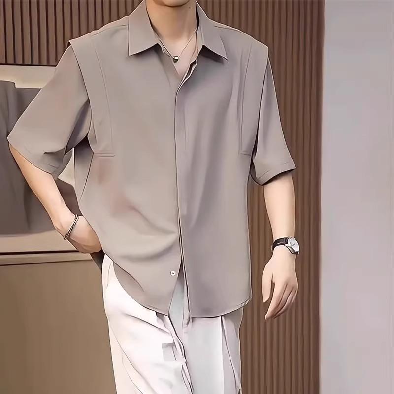 シャツ メンズ 男性用 トップス 接触冷感 半袖 無地 韓国風 スタイリッシュ イージーケア
