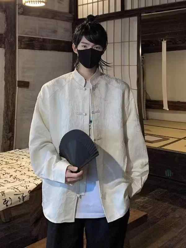 シャツ メンズ 男性用 長袖 冷淡系 アウター 高級感 中華風 チャイナ風 中式 盤扣 スタンドカラー 立ち襟