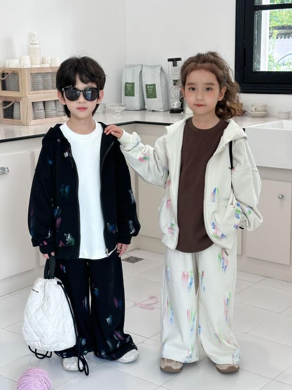 キッズ セットアップ 秋冬 子供用 重工彩绘 涂鸦 パーカー スウェットパンツ 上下...