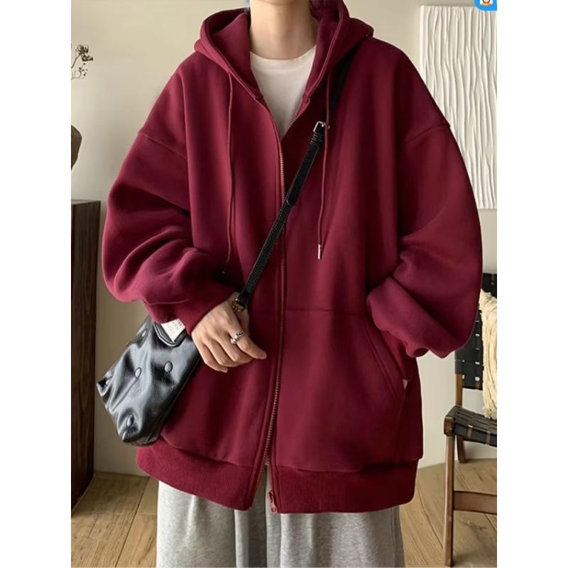 パーカー 男性用 春秋 ペアルック 無地 アウター ゆったり 羽織り ジップアップ フーディー トップス バーガンディ