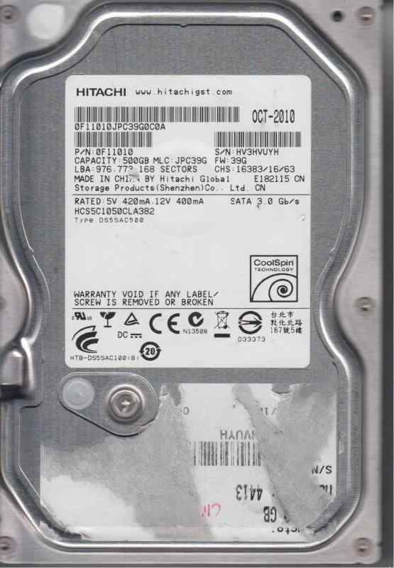 HCS5C1050CLA382 PN 0F11010 MLC JPC39G Hitachi 500GB SATA 3.5 ハードドライブ仕様は下記を参照してください。