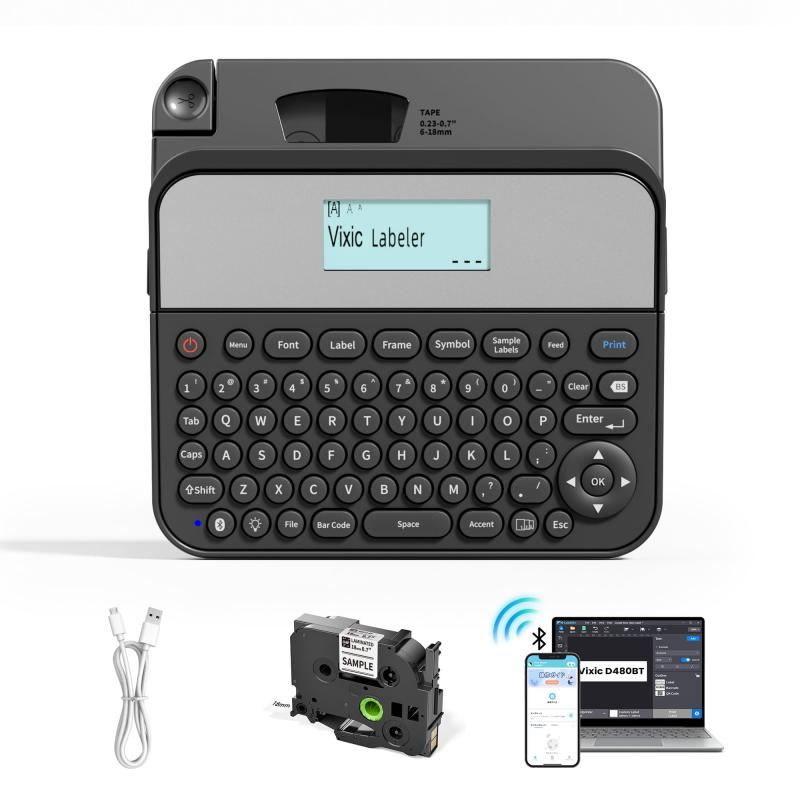 Vixic ラベルライター スマホ対応 ラベルプリンター D480BT ブルートゥース 充電式ラベルライター QWERTY キーボード＆バックライトスクリーン付き （対応テープ幅6mm-18mm幅）家庭/オフィス/学校
