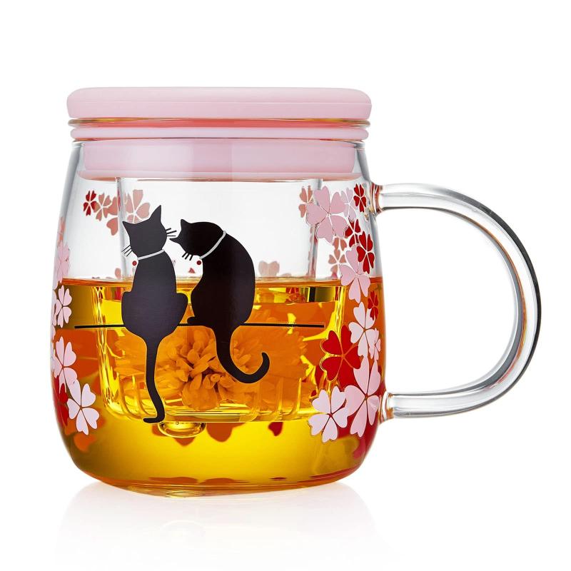 ポカロティー 耐熱ガラス茶こし付きマグカップ 透明 紅茶 温度で色が変わる桜猫カップ 和桜 春の日 桜満開 不思議な猫 幸せ 取手蓋付き 猫の日 恋愛結婚誕生日記念日お祝い 満水容量 480ml (