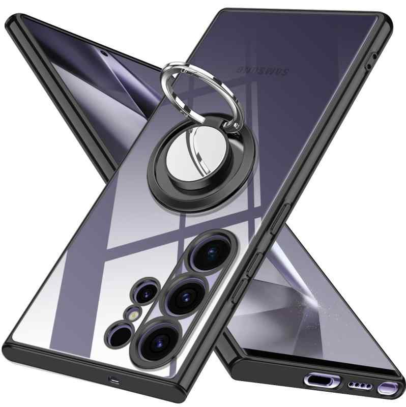 Zabarsii Galaxy S24 Ultra ケース リング クリア カバー ギャラクシー S24Ultra スマホケース 透明 TPU 耐衝撃 一体型 スタンド機能 車載ホルダー ストラップホール付き サムスンS24Ultra ケース ブラッ