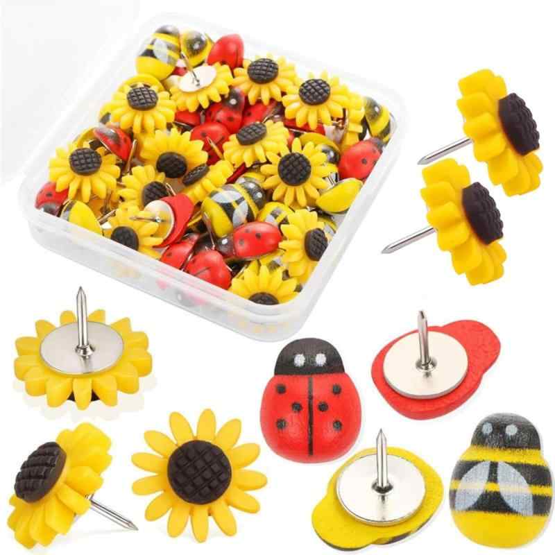 Rakuten - RuiChy ひまわり 蜂 てんとう虫 画鋲 画びょう 【30個入】可愛い 木製 蜂 テントウムシ 押しピン 樹脂製 花 壁ピン 装飾 プッシュピン 地図 写真 掲示板 固定用 虫ピン 装飾品釘 石膏ボードピン