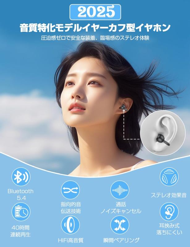 イヤホン Bluetooth【2025革新イヤーカフ型 音質特化モデル 究極フィット感】 ワイヤレスイヤホン Bluetooth5.4 耳挟み式 圧迫感ゼロ 業界トップ音質 骨伝導の革新 残量表示 通話ノイズキャンセル sofapotato-11125130 ソファポテト サンプル画像2