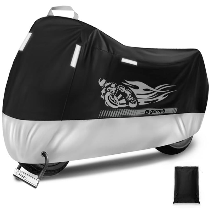 Gxroplj バイクカバー 210D厚手 防水 紫外線防止 盗難防止 収納バッグ付き (XXL, ブラック)