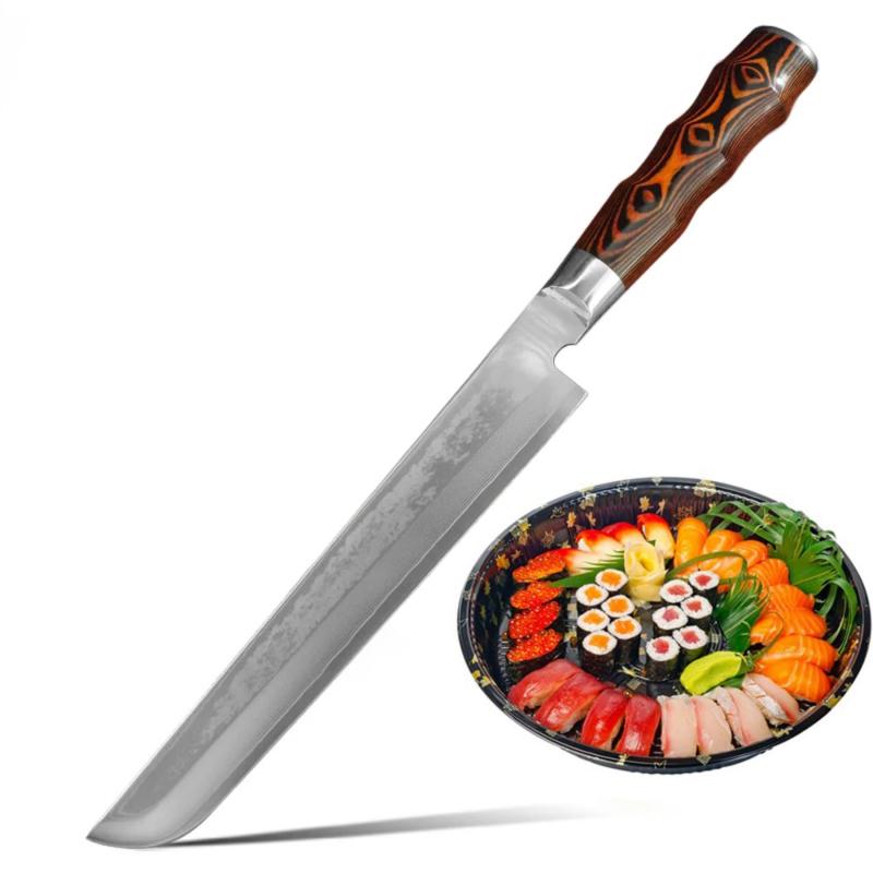 VGTEN 先丸柳刃包丁 210mm 先丸包丁 刺身包丁 67層ダマスカス V金10号 鋼 左利き 右利き 両刃 鍛造 口金付竹目木柄 切り身を捌く 魚 肉 刺身や魚介類の薄切りや巻き寿司切りなどに【仕様】サイズ：全長350mm/刃渡り210mm/刃厚3mm/刃幅35mm。鋼材： V金10号；柄：彩木、竹目柄；口金、柄尻：ステンレス鋼。刃処理：真空焼き入れサブゼロ処理。刃付け：両刃、右利き専用。重量：約228g。【特徴】家庭用も業務用にも適す刃渡り210mmの刺身包丁です。先端が丸くなっているので、ブロックの魚の柵から刺身を引く時、刃先を活かして均一で滑らかな切り口に。【切れ味】鋭い切れ味が特徴のV金10号鋼を芯材にした先丸包丁で、細身の刃を利用して、食材との摩擦を最小限に抑え、素材の鮮度や味を損なわないために一度で引き切ることができます。【握りやすさを重視】柄部には丈夫で耐久性にも優れた天然材を使用。つなぎ目部分がないため汚れが溜まりにくく、衛生的に使えます。【プレゼントに適す高級包丁】毎日使うものだからこそいいものをという包丁です。無用包丁な力を入れずに切れるので、引っ越し祝い、母の日や敬老の日などの贈り物に適す。