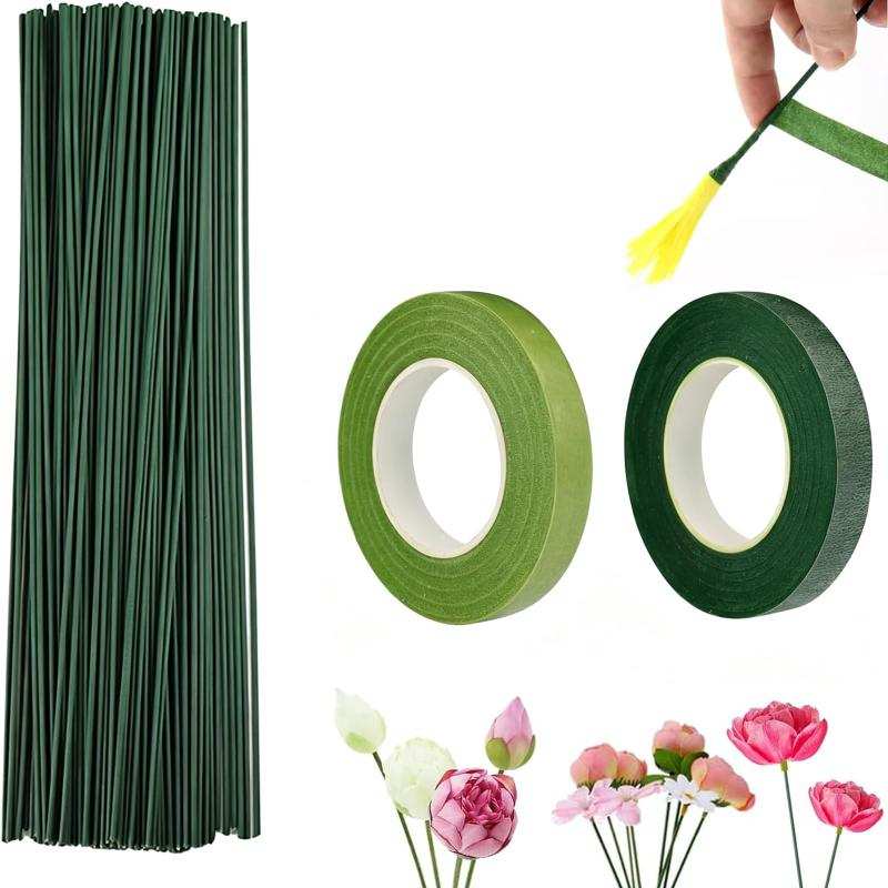 Mirhua 造花セット 30 cm 100本 2巻 フラワーワイヤー フラワーアレンジメント DIY 手作りに適している 手芸材料 花芸素材ギット【製品仕様】 スプライン長さ：30 cm、重さ約255 g フラワーアートテープ：幅約1.2 cm、長さ270 cm【特性】 しわ状で伸びやすく、染色ムラや退色現象がなく、優れた耐水性を備えている。【使用方法】 テープを引っ張りながら巻くだけです。十分に伸ばしてから巻いたほうが接着しやすい。【適用シーン】 花束の茎の固定、造花の製作、花卉装飾、生け花の設計及び贈り物の包装などのシーンに適用する。【包装内容】 深緑色の花線100本 フラワーアートテープ2巻（ダークグリーン＋グリーン、多様なニーズに対応）