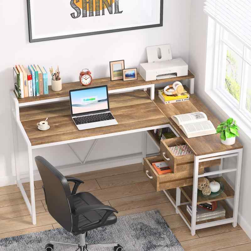 Tribesigns l字デスク パソコンデスク 引き出し付き 幅140cm デスク 机 pcデスク コーナー ゲーミング オフィス 事務用 左右組み替え可能 ホワイト/ブラック/ブラウン [3]