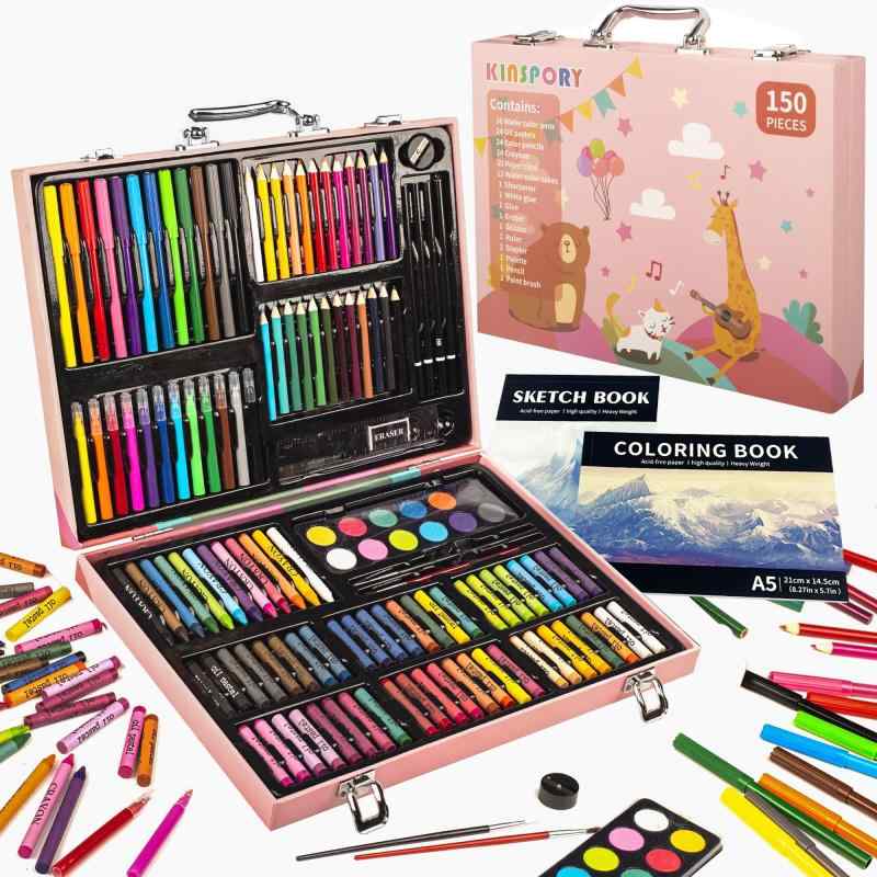 KINSPORY お絵かきセット, 150点アートセット 水彩画 色鉛筆 絵の具 マーカー クレヨン 新進アーティスト向けの 学用品 木製ぬりえ画材ケースギフトガールズボーイズキッズティーンズ