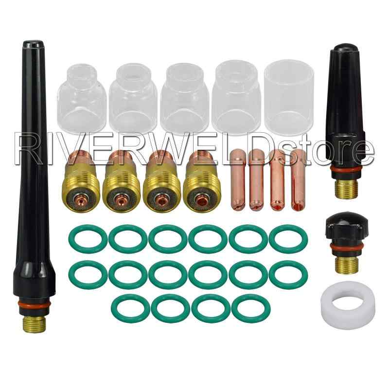 RIVERWELD TIG スタビー ガスレンズ コレットボディ & #5#6#7#8#10 パイレックスカップ キット For DB SR WP 17 18 26 TIG トーチ 溶接アクセサリー 33個