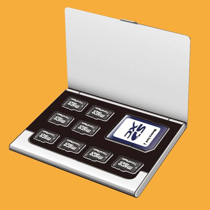 メモリカードケース, SDカード1枚・microSDカード8枚収納, ステンレス製, 9.4×6.1cm, 静電気防止クッション付き収納容量: SDカード1枚とmicroSDカード8枚を整理して収納できる多機能カードケース高品質素材：丈夫なステンレススチール製の本体で、大切なメモリーカードを衝撃から保護静電気対策：ホルダー部分に静電気防止クッションを採用し、データの安全性を確保コンパクト設計：約94×60×5mmのスリムサイズで、わずか42gの軽量設計により持ち運びが便利保護機能：EVA製ブラケットとクッション素材でカードを確実に固定し、ホコリや傷から保護