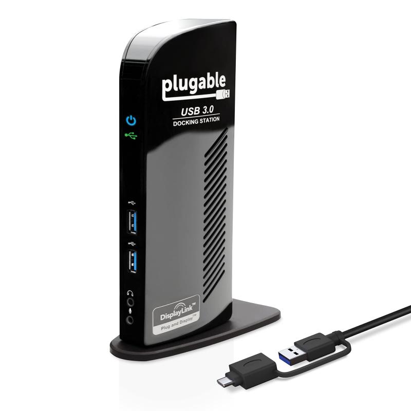 Plugable USB3.0 / USB-C 用ドッキングステーション 縦置き Windows および Mac 用 - デュアルモニター HDMI DVI VGA ポート ギガビット イーサネット USB3.0 ポートx2 USB 2.0 ポートx4