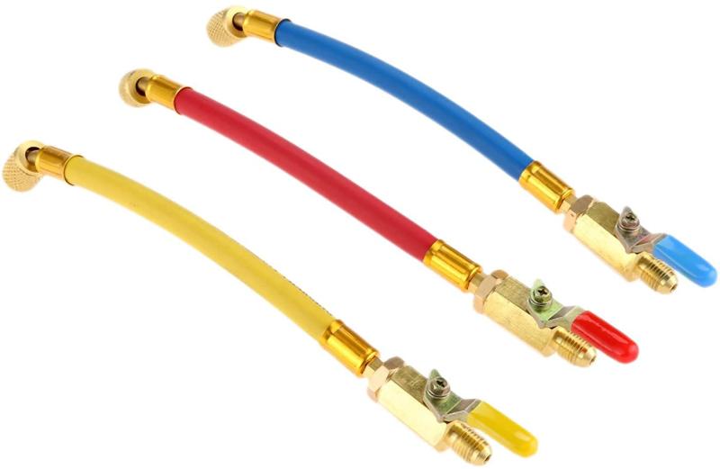 【送料無料】Bowarepro R134aガスチャージ変換アダプター R134A R12カーエアコンエアコン充電ホースアダプターコネクター ボールバルブ付き AC HVACメンテナンスキット エアコン冷蔵高圧マニホールドゲージセット オイルチャージ用ホース 3個 ボールバルブ 1/4 "SAEスレ