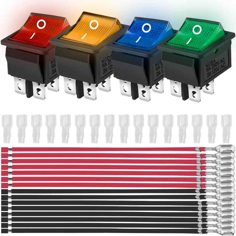MKBKLLJY 4PCS ロッカートグルスイッチ AC 16A 250V/20A 125V DPST 4ピン 2ポジション ON/OFF 4色 LEDライト点灯 ボート KCD4 スナップインスクエアスイッチ 16 PCS 端子ワイヤシース (6.3m