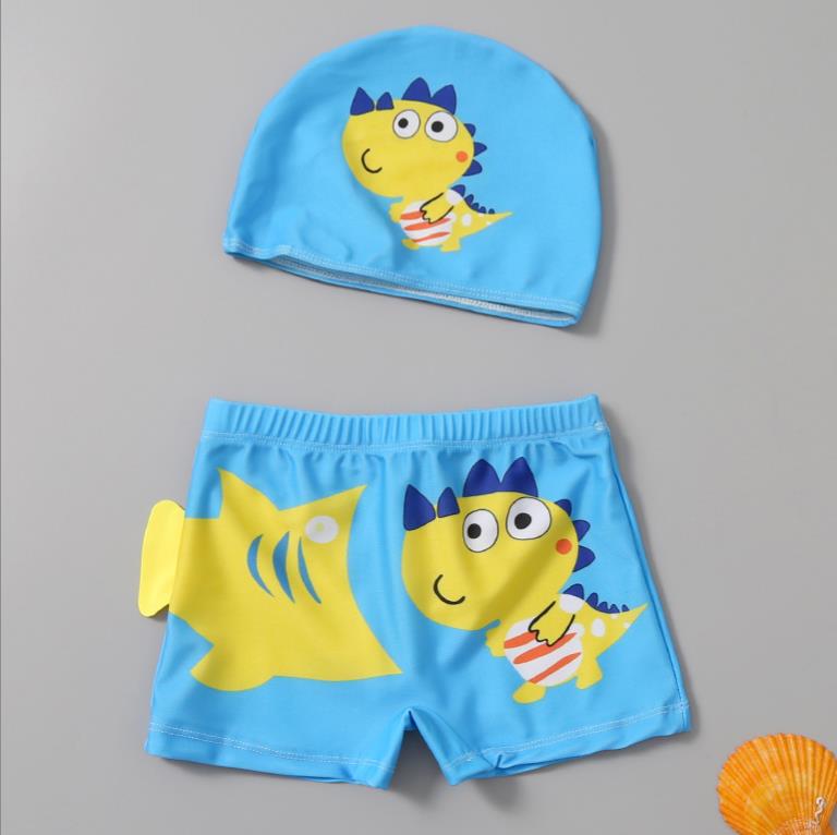 Rakuten - ＼楽天 最安値！／在庫限り　無くなり次第終了　H　黄恐竜　子供 水着 男の子 子供水着 ベビー水着 キッズ水着 子ども キッズ　　ベビー 男児 こども水着 キッズみずぎ 安い スイムキャップ、パンツ水着　上下2点セット　期間限定プレゼントあり