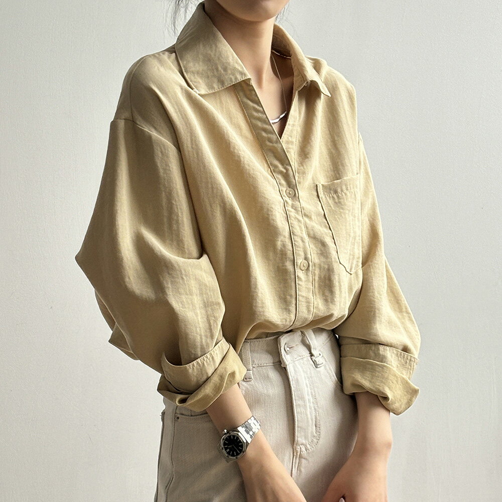 長袖シャツ 女性 春夏 ロングスリーブ ポケット付き シンプルデザイン カジュアル ホワイト アプリコット ブラック M L 長そで ロングスリーブ トップス レディス レディース 婦人服 ポケ付き ポケット有り 無地 ベーシック シンプル 着回し 普段着 リラックス