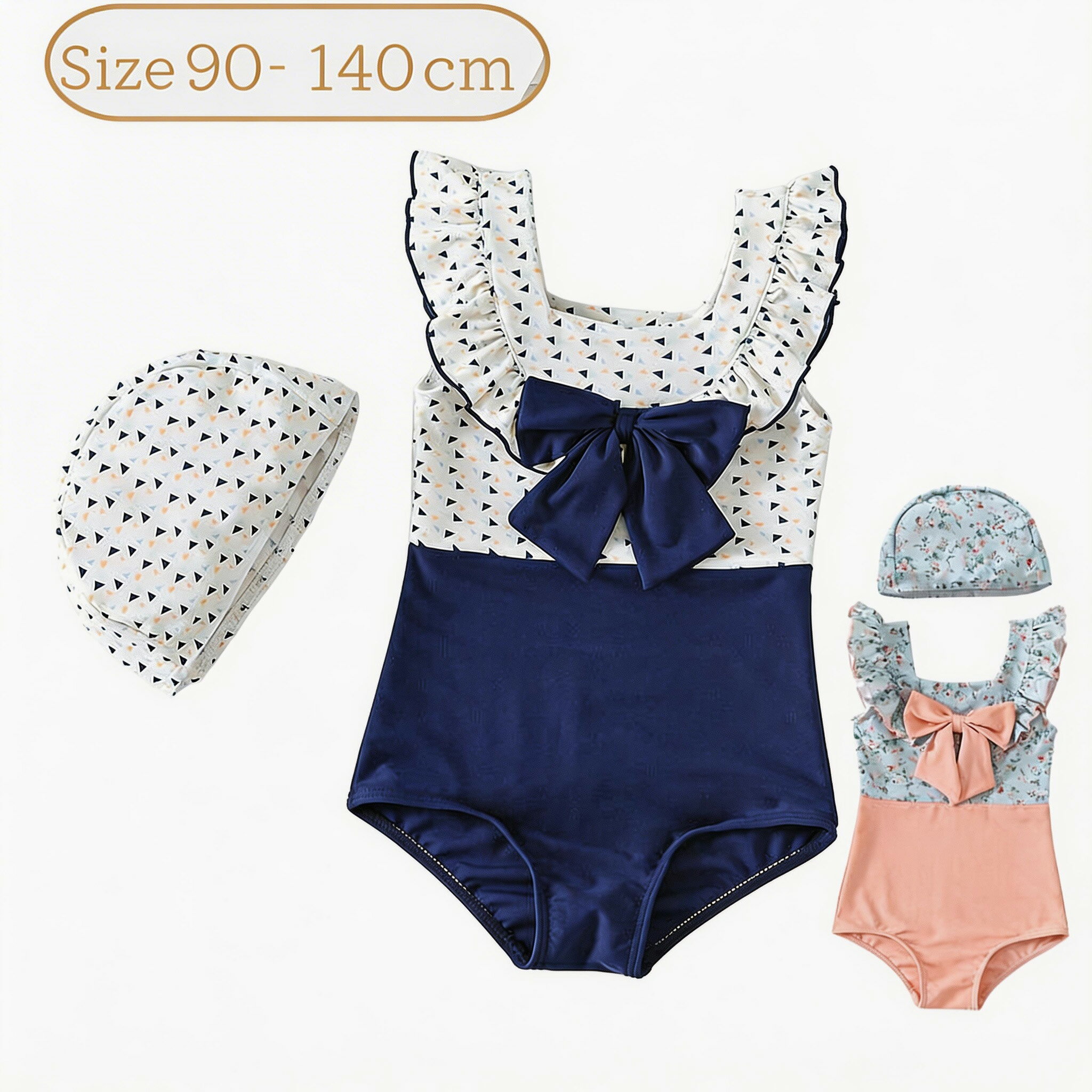 【ポイント10倍!3/4 20:00～3/11 1:59】 水着 女の子 全2色 リボン 可愛い キャップ付き ワンピース水着 スイムウェア 春用 夏用 90cm～140cm 2点セット 速乾 伸縮性よい 通気 水遊び 砂場遊び 海 ビーチ プール 水泳教室 3歳 4歳 5歳 6歳 8歳 保育園 幼児 小学生 ピンク