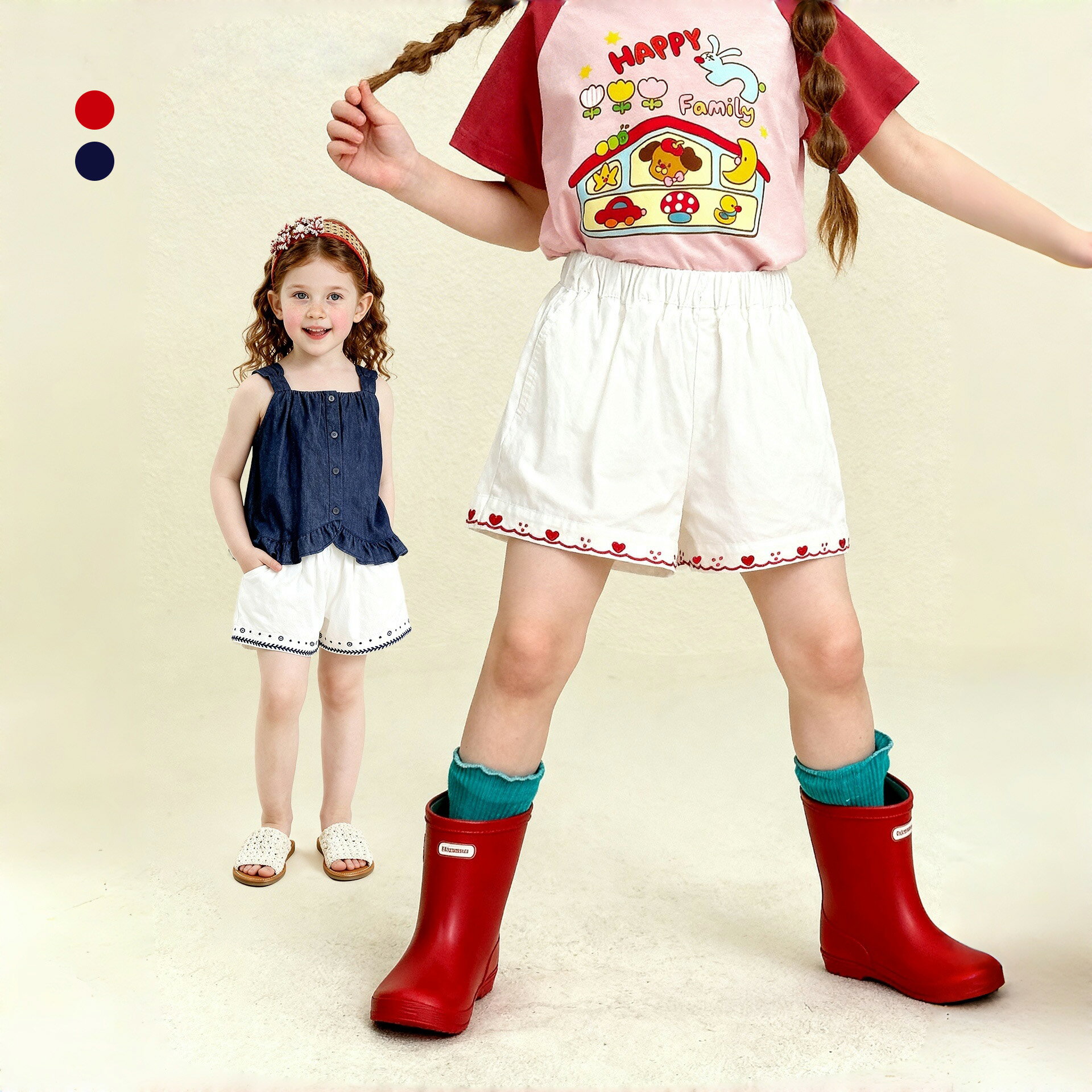 Rakuten - 刺繍入りショートパンツ ガールズ 春夏 綿100％ レッド/ネイビー 100-140cm 女児用ボトムス キッズショートパンツ 子供服 ナチュラル 通気性 かわいい ウエストゴム 普段着 お出かけ 公園 遊び着