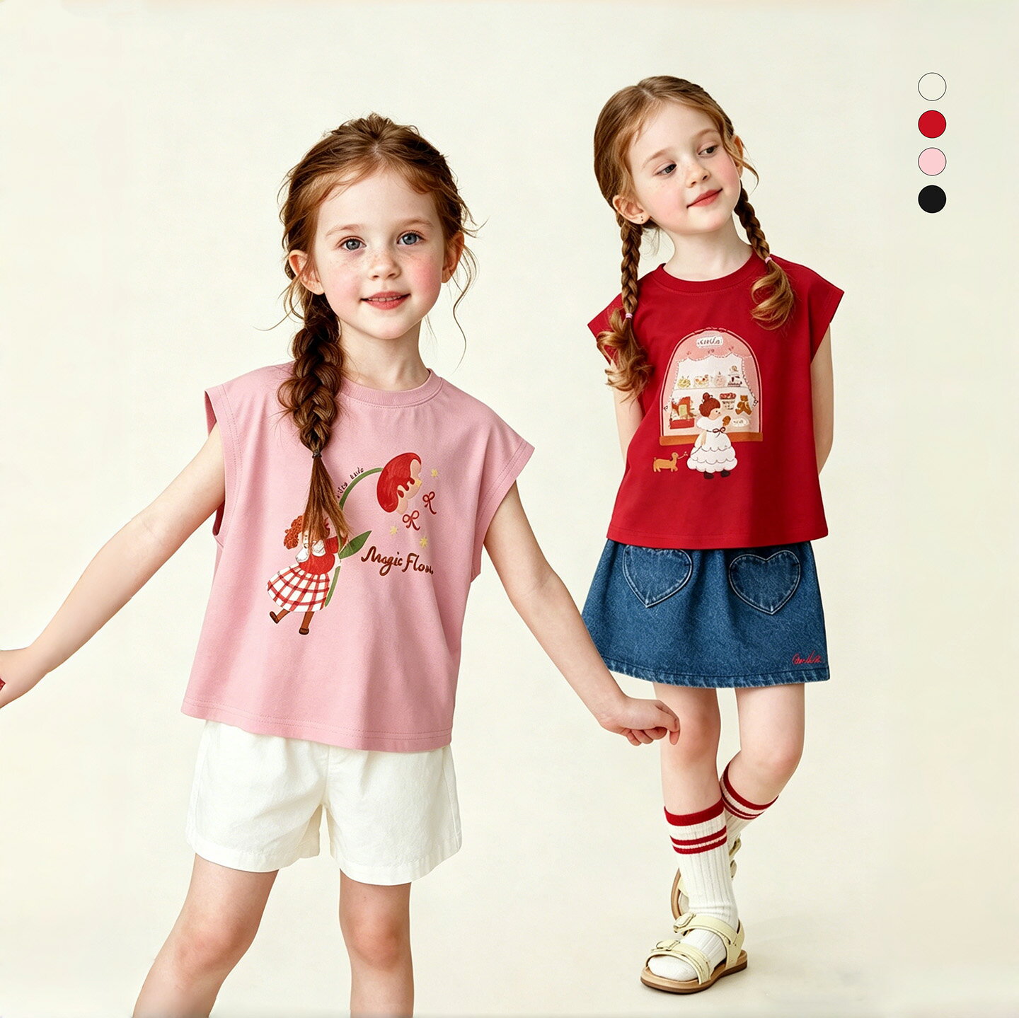 Rakuten - フレンチスリーブプリントTシャツ ガールズ 夏 綿混 4色展開 100-140cm キッズ 袖なし ドロップショルダー イラスト 花柄 かわいい おしゃれ 通園 通学 お出かけ ピンク レッド ベージュ ブラック 子供服 トップス 女児 夏服 涼しい
