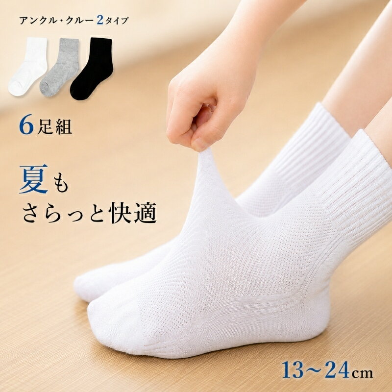 スクールソックス 6足セット 14cm～23cm 綿 メッシュ 夏 クルー丈 アンクル丈 白 ホワイト グレー 黒 男の子 女の子 春夏 学生 ソックス 靴下 子供 14cm 15cm 16cm 17cm 18cm 19cm 20cm 21cm 22cm 23cm 幼稚園 小学生 中学生 男子 女子 入園準備 柔らか 洗い替え 通気（楽天・softbox family）