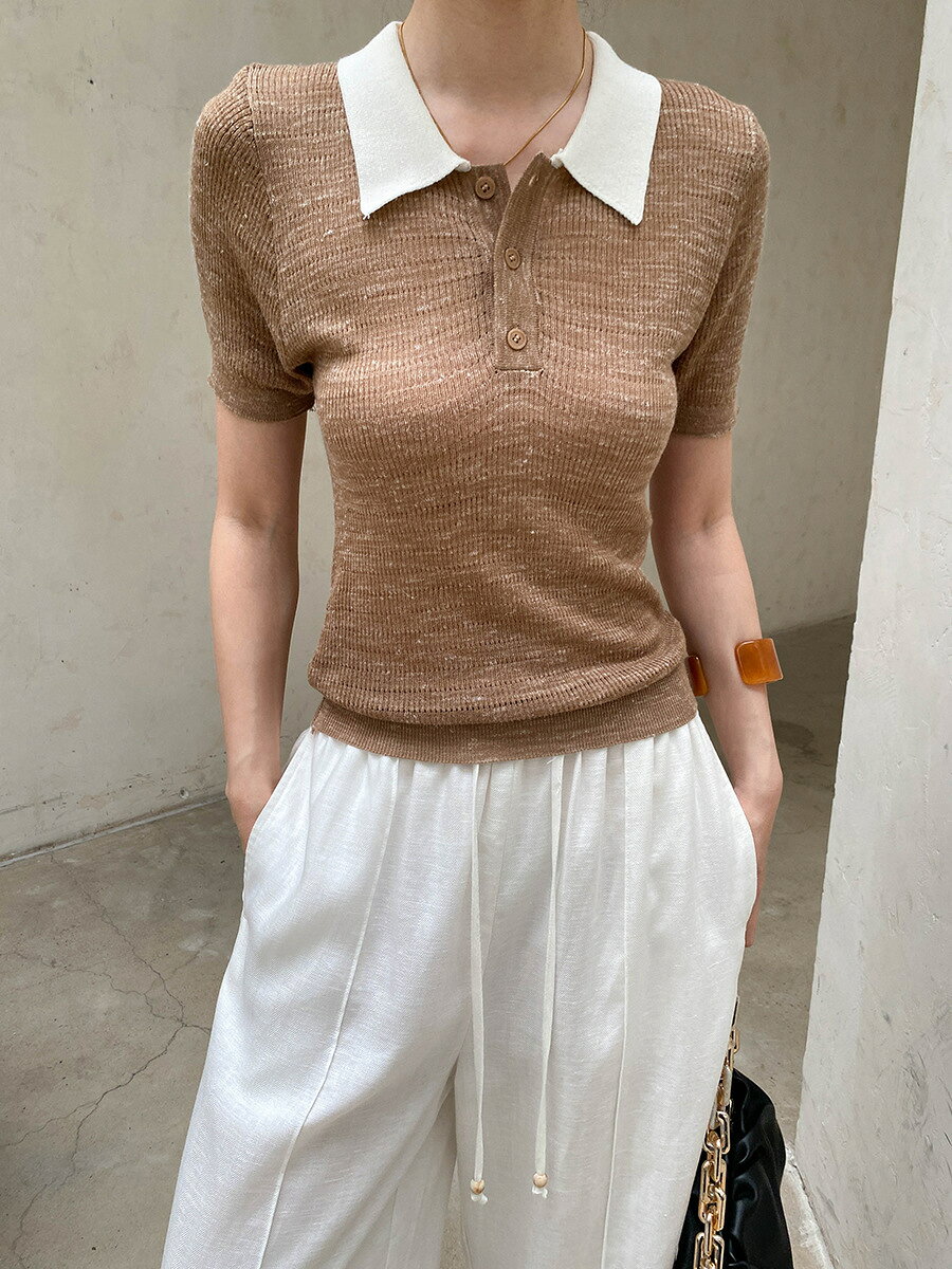 半袖ポロニット レディース 春夏 配色 アクリル 麻 ハーフボタン 伸縮性 全4色 フリーサイズ 着丈54cm 胸囲78-88cm 通勤 オフィス 普段着 ニットポロシャツ 半袖ニット サマーニット 襟付きニット 婦人服 女性用 大人女性 バイカラー リネン混 プルオーバー ポロカラー
