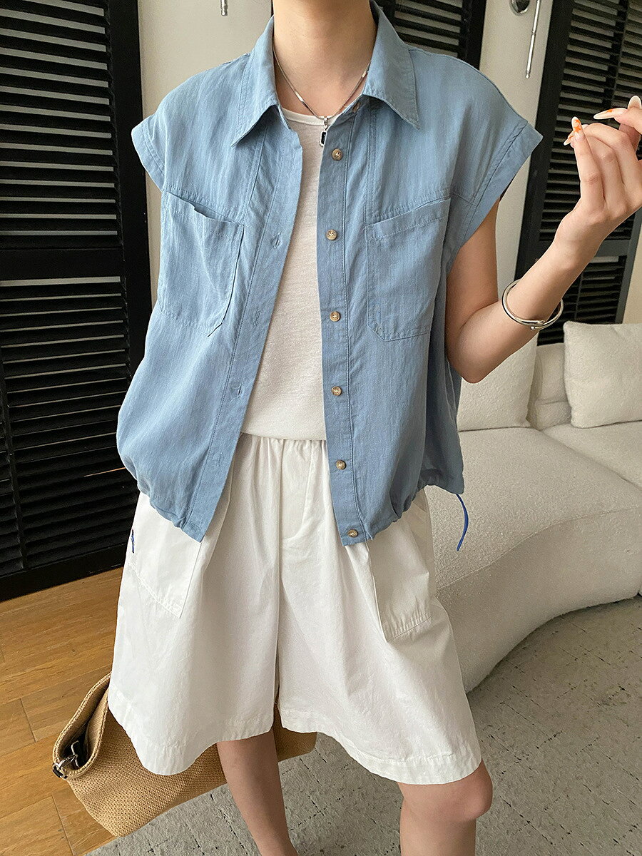 半袖シャツ レディース 春夏 リヨセル リネン ゆったり ダブルポケット 裾ドローストリング 襟付き M L 全3色 通勤 オフィス 休日 半袖ブラウス ショートブラウス ポケットブラウス 半袖トップス レディス 婦人服 女性向け フレンチスリーブ 前開き ボタン留め 無地