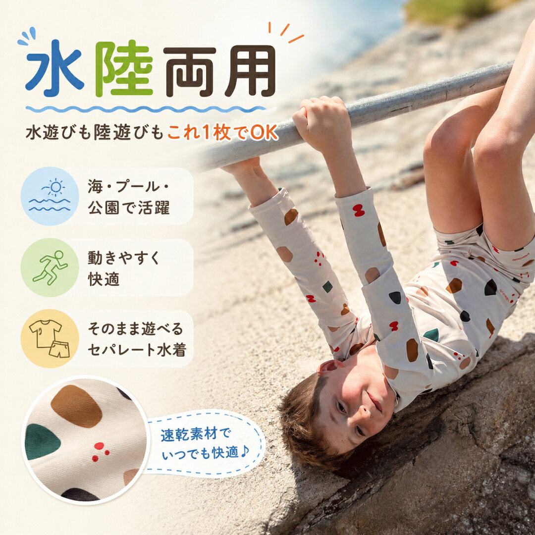 キッズ 水着 長袖 男の子 女の子 セパレート 水泳帽付き 3点セット 全3色 上下セッ...