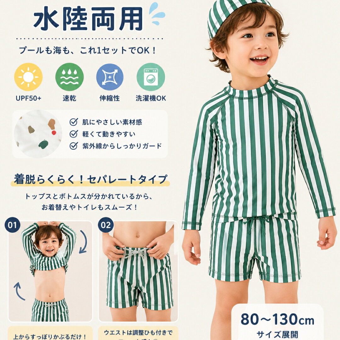 キッズ 水着 長袖 男の子 女の子 セパレート 水泳帽付き 3点セット 全3色 上下セッ...