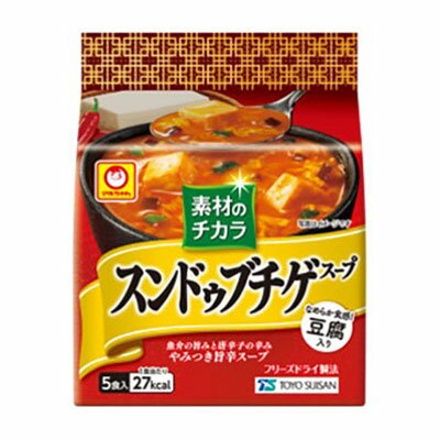 ※パッケージおよび仕様は予告無く変更になることがございます。 【発売元、製造元、輸入元又は販売元】東洋水産 画像はイメージ画像の為、実際の商品とはパッケージデザイン等が多少異なる場合がございます。予めご了承願います。 【特徴】 なめらか食感の豆腐を使用し、魚介の旨みと唐辛子の辛みが利いたスンドゥブチゲスープ。 【作り方】 中身をお椀に入れ、熱湯を約160ml 注いで軽くかき混ぜてください。 【原材料】 液全卵、キムチ調味液、食塩、魚醤、ごま油、醤油、香辛料、ポークエキス、魚介エキスパウダー、砂糖、デキストリン、味噌、具(豆腐(国内製造)、しいたけ、ねぎ)／調味料(アミノ酸等)、増粘多糖類、加工でん粉、トウガラシ色素、豆腐用凝固剤、酸化防止剤(ビタミンE)、ベニコウジ色素、(一部にかに・小麦・卵・いか・ごま・大豆・豚肉・りんごを含む) 【原材料の主な産地情報】 液全卵（日本）、豆腐（大豆:日本）、しいたけ（中国）、ねぎ（中国） 【アレルギー 注意喚起表示】 かに・小麦・卵・いか・ごま・大豆・豚肉・りんご 【栄養成分表示（1食6.6g当たり）】 エネルギー　27kcal たん白質　1.6g 脂質　1.4g 炭水化物　2.1g 食塩相当量　1.4g 【内容量】 1袋(6.6g×5食) 【賞味期限】 パッケージに記載 【原産国】 日本 【区分】 食品 【広告文責】 総合メディカル株式会社 0120-469-385