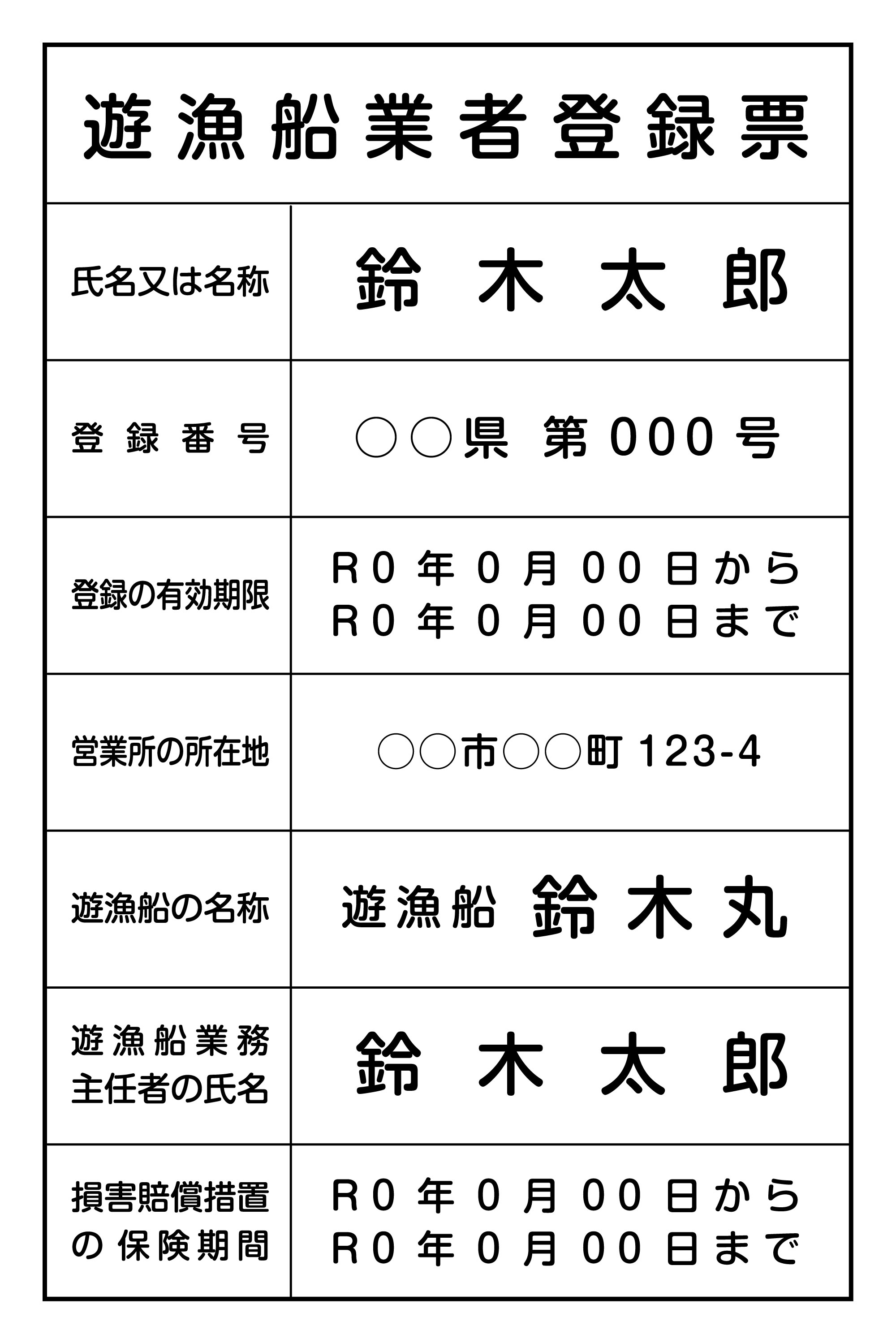 【オーダーメイド】遊漁船業者登録票(船内用)サイズW200xH300x3mm厚 UVラミネート加工貼り