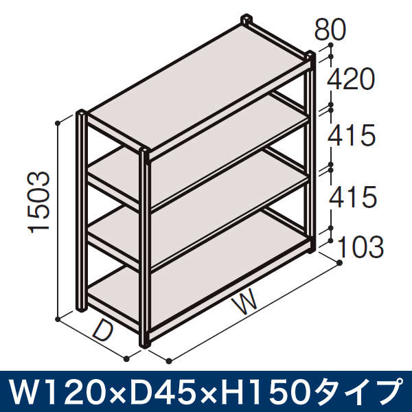 業務用 イトーキ ボルトレス軽中量ラック RL型/開放型 150kg仕様 W120×D45×H150タイプ 棚板4段 