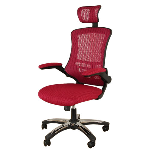 デスクチェア パソコンチェア オフィスチェア 事務椅子 事務用イス 椅子 メッシュ アームアップチェアー マスターIII W.RD ワインレッド ヘッドレスト付 跳ね上げ肘付 FB-85182
